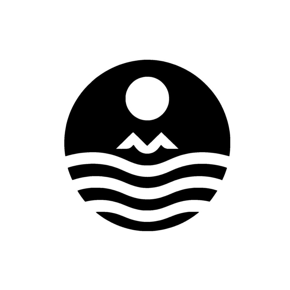 Abstract Minimalist Circle Composition with Sun, Mountain and Waves. Black and White . vector