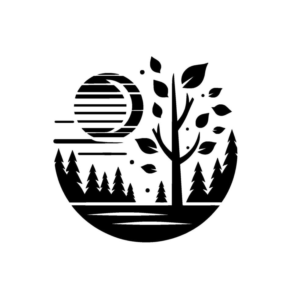 Black and white circular minimalist nature scene with a stylized tree, trees, and sun with a crescent moon. vector