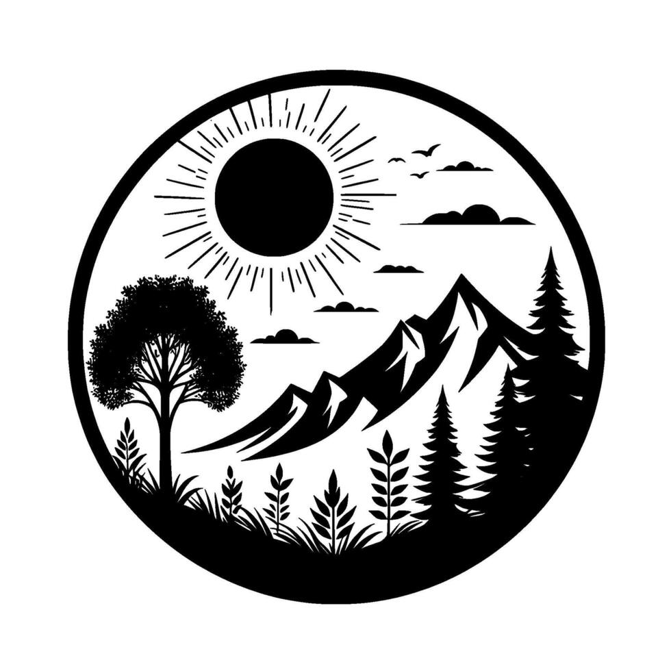 A stylized black and white circular illustration showcasing a serene mountain landscape with a radiating sun, a detailed tree, pine trees, and simple flora. vector