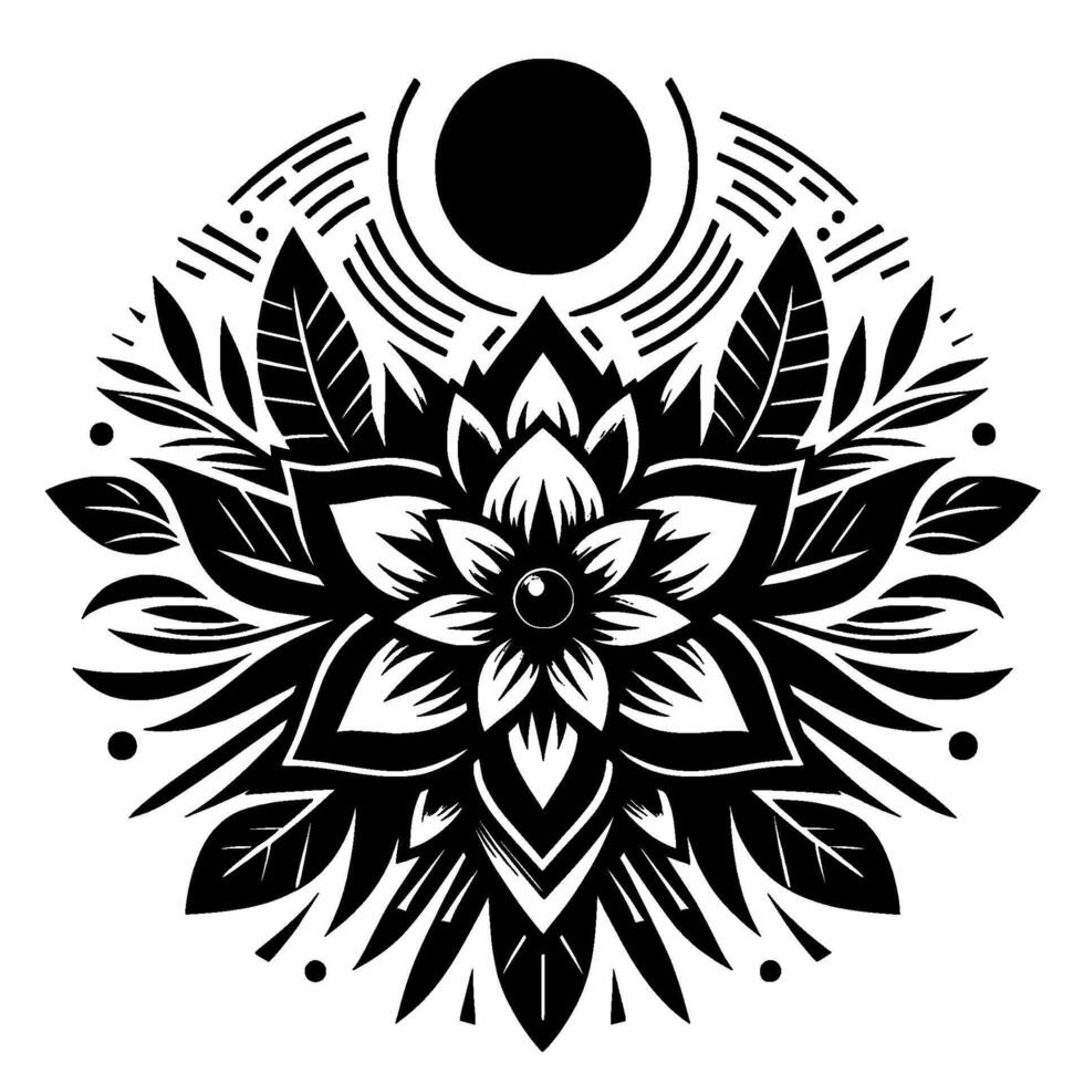 Intricate monochrome floral mandala featuring a central flower with geometric elements, radiating outwards, and a celestial black sun accent. vector