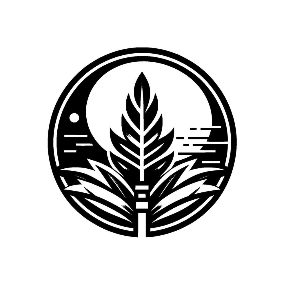 A minimalist black and white emblem showcasing a stylized plant with a full moon and stylized landscape, all within a circular frame. vector