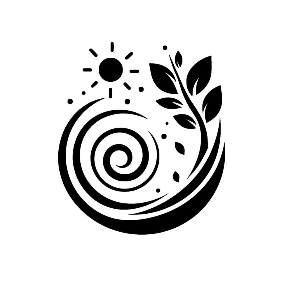 Black and white minimalist features sun, spiral, and plant elements, symbolizing growth and harmony on a white background. vector