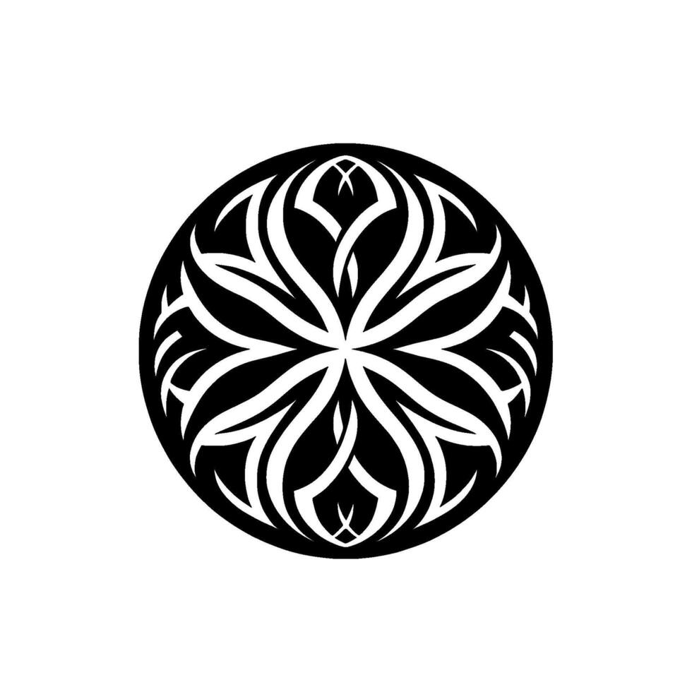 A symmetrical black and white circular featuring intertwined leaflike shapes radiating from a central point, casting a subtle shadow. vector
