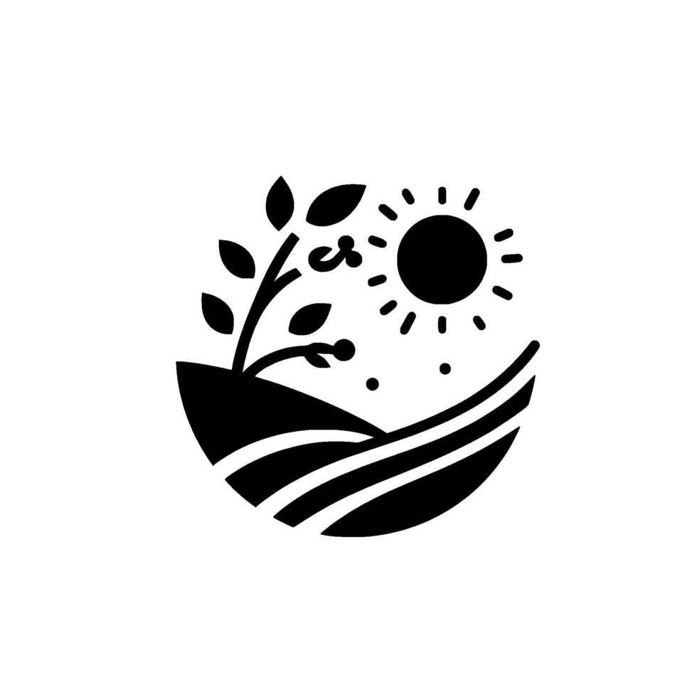 A minimalist black and white depicting a stylized plant growing on a hill with a radiant sun, symbolizing growth and nature. vector