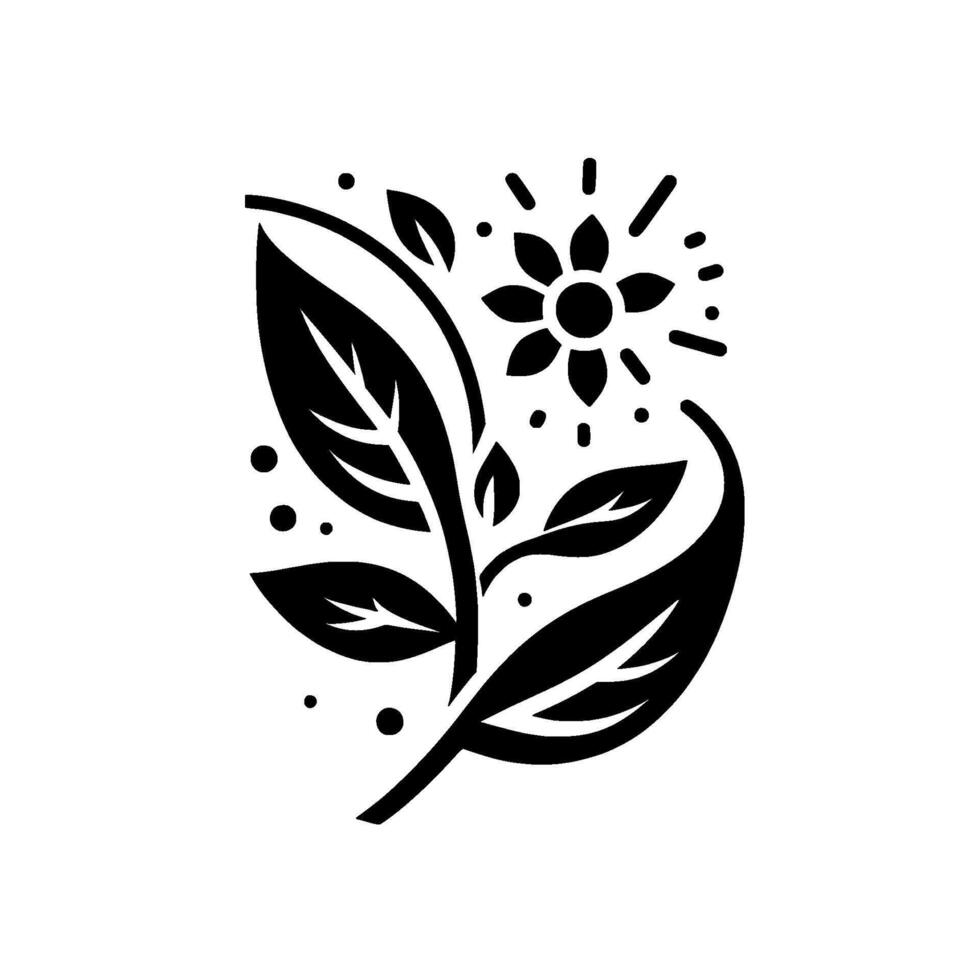 A monochrome, stylized botanical illustration showcasing a flower and leaves arrangement, radiating simplicity and natural elegance. vector