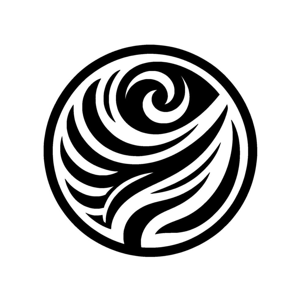A minimalist black and white swirling tribal within a perfect circle, evoking a sense of movement and cultural symbolism, isolated on white. vector