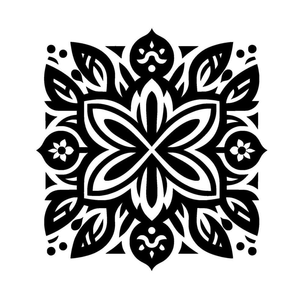 Symmetrical Black and White Floral Geometric Mandala with Leaves and Decorative Elements Against White Background. vector