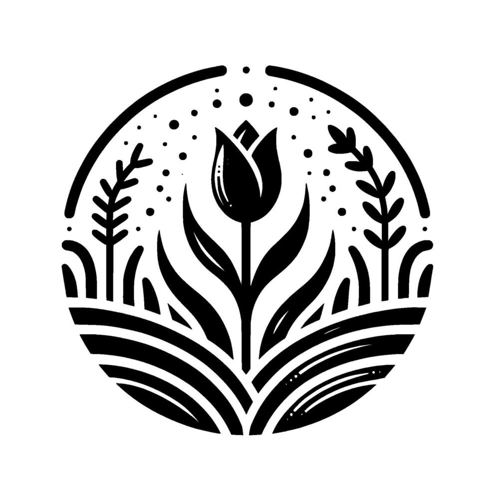 A stylized black and white floral illustration within a circular frame featuring a central tulip, grassy foreground, and whimsical details. vector