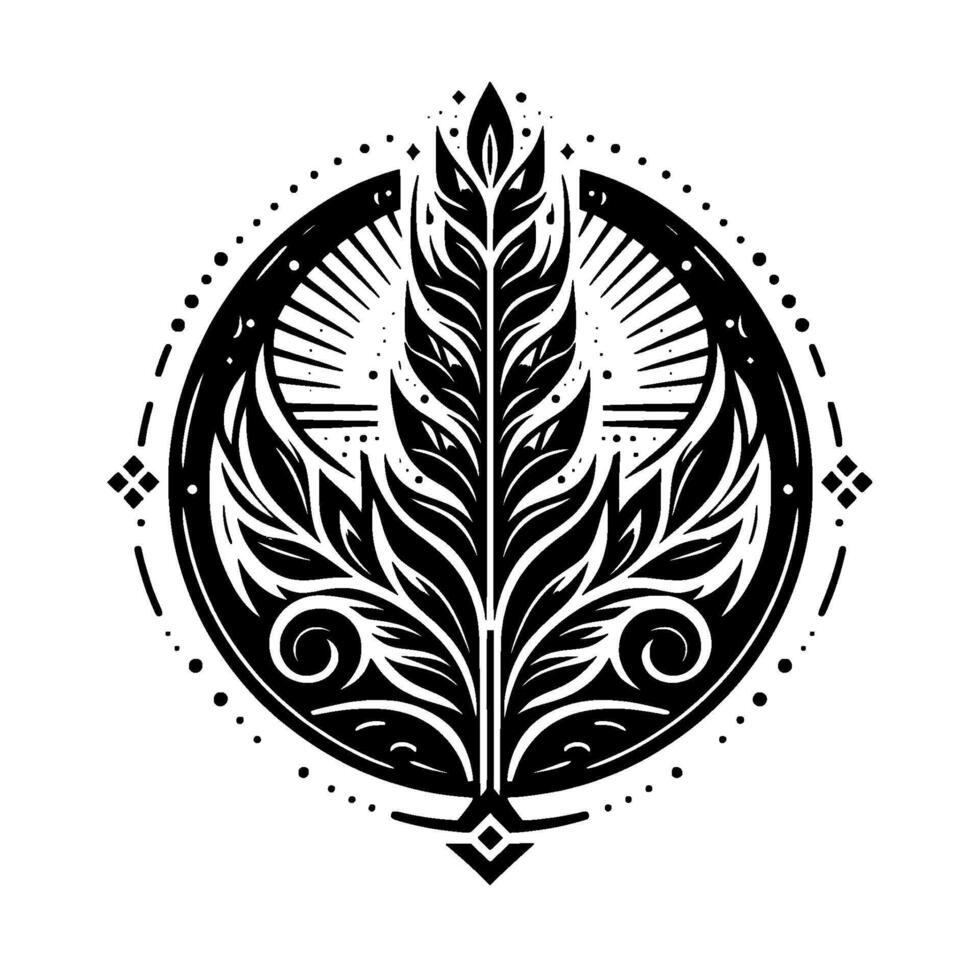 Ornate Black and White Circular Emblem Central Leafy , Bursting Rays, and Intricate, Symmetrical Details. vector