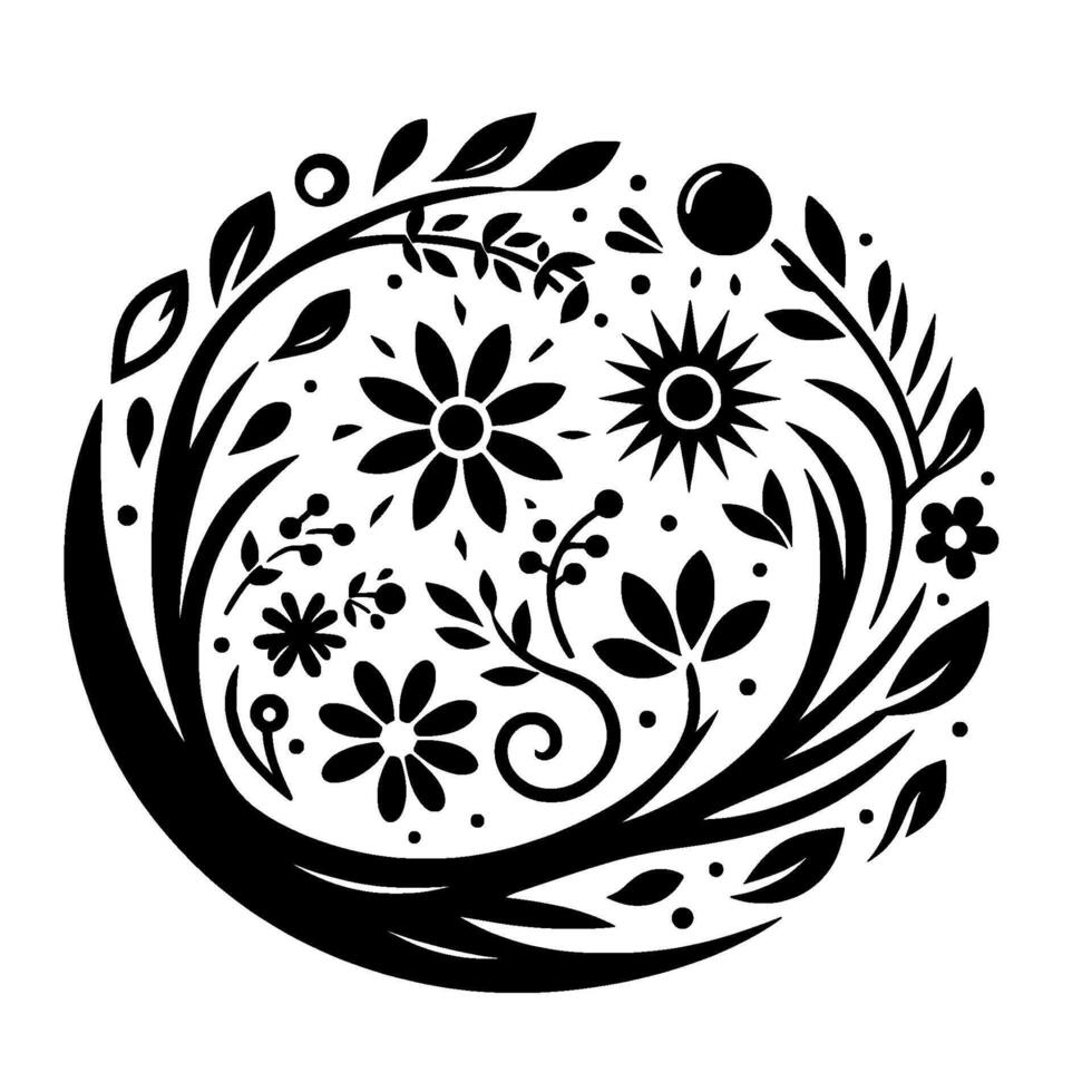 Black and White Botanical Illustration Stylized Floral Arrangement in a Circular Decorative . vector
