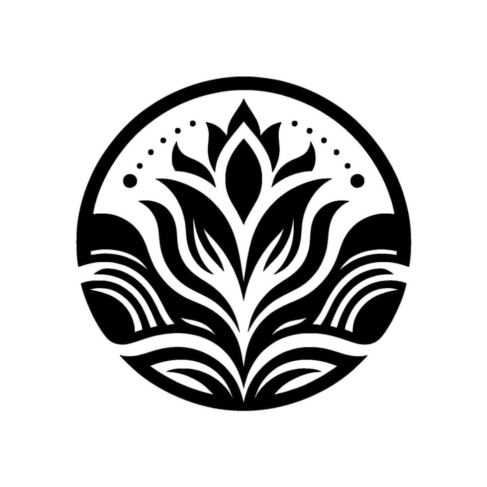 Monochromatic Floral Emblem A symmetrical stylized lotus flower contained within a circular border, with subtle wave elements and decorative dots. vector