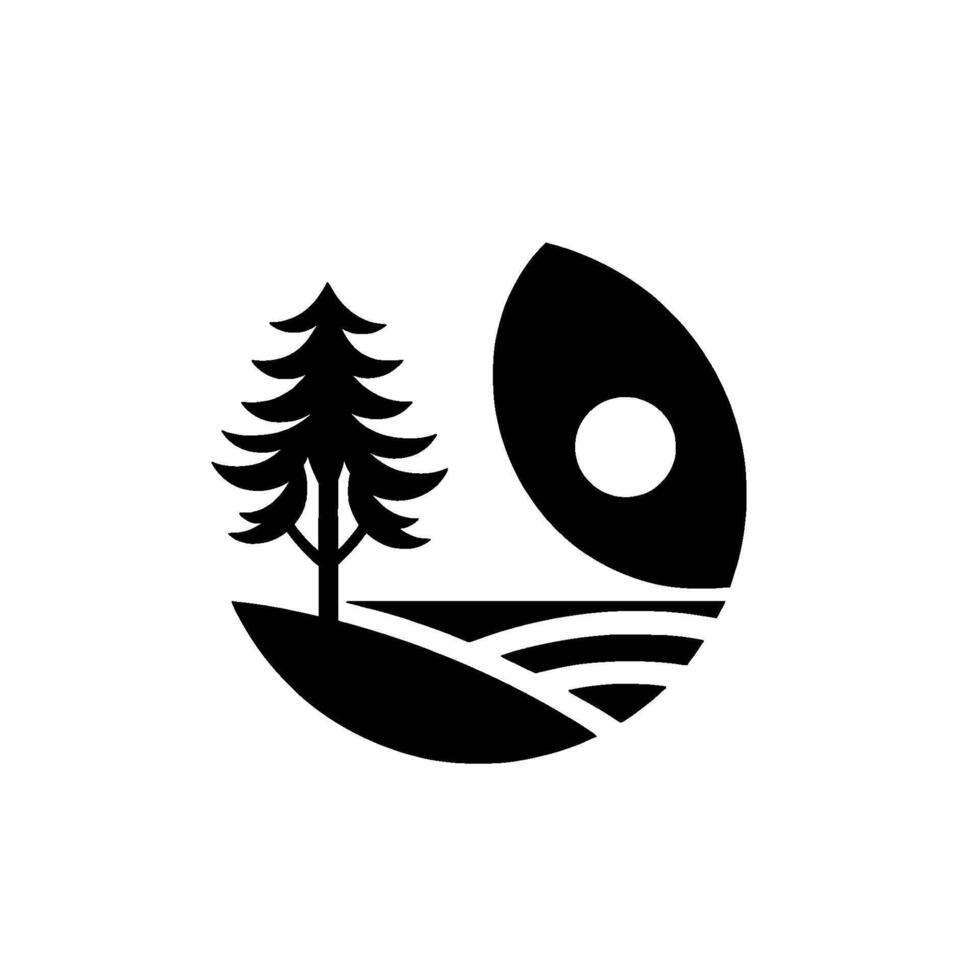 Minimalist Black and White Landscape Pine Tree Silhouette, Rolling Hills, and Celestial Body vector