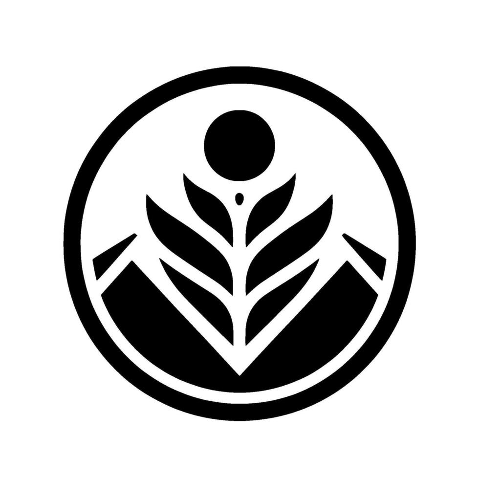 A minimalist, stylized featuring a central leaflike structure with a sunlike circle above, mountains at the base, enclosed within a black circle. vector