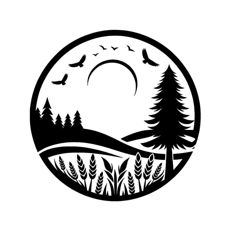 Silhouette Landscape in a Circle Birds Soaring Above a Forest and Wheat Field Under a Crescent Moon. A Minimalist with a Nature Theme. vector