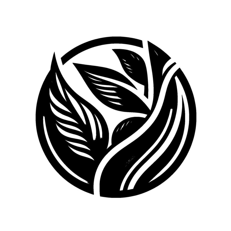 A stylized black and white botanical emblem featuring a circular frame holding flowing leaves and plant elements. vector