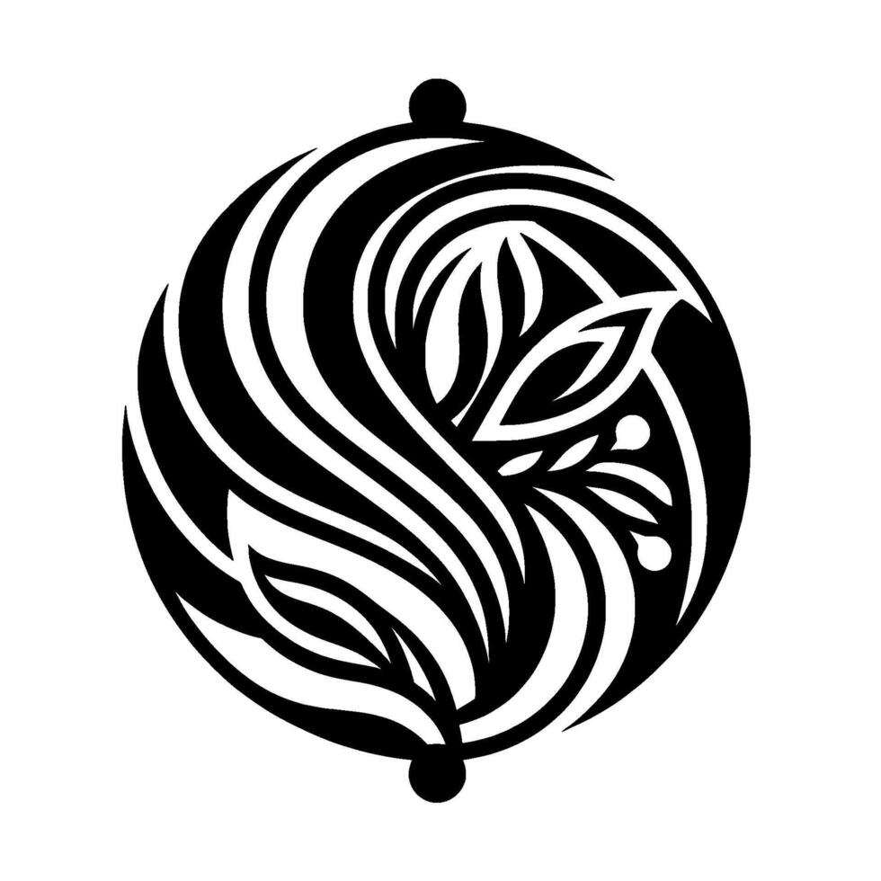 Abstract Floral Yin Yang Composition with Leaves and Swirls, Black and White, Symmetrical , and a minimal aesthetic. vector