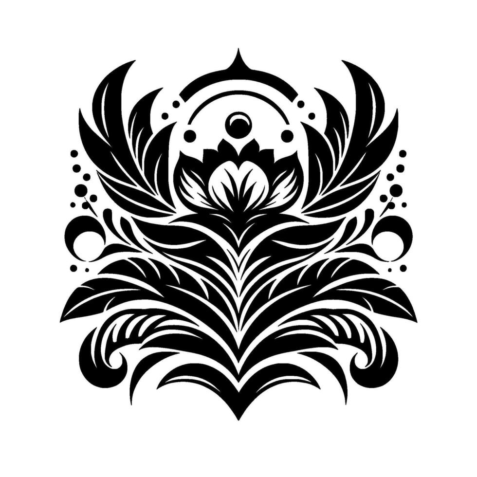Ornate symmetrical black and white floral featuring stylized leaves, petals, arcs, and dots, creating a classical, elegant aesthetic. vector