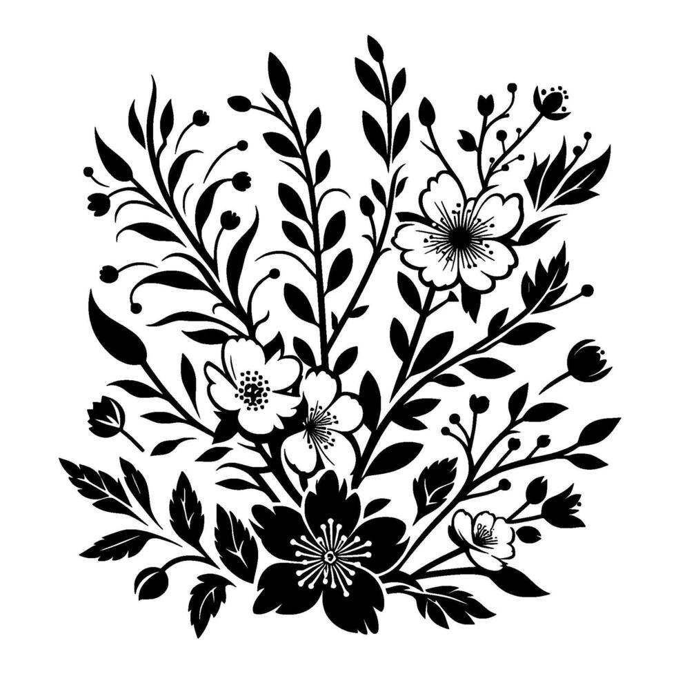 A symmetrical, stylized floral illustration in black and white, featuring blossoming flowers, leaves, and delicate stems, evoking a classic and elegant botanical pattern. vector