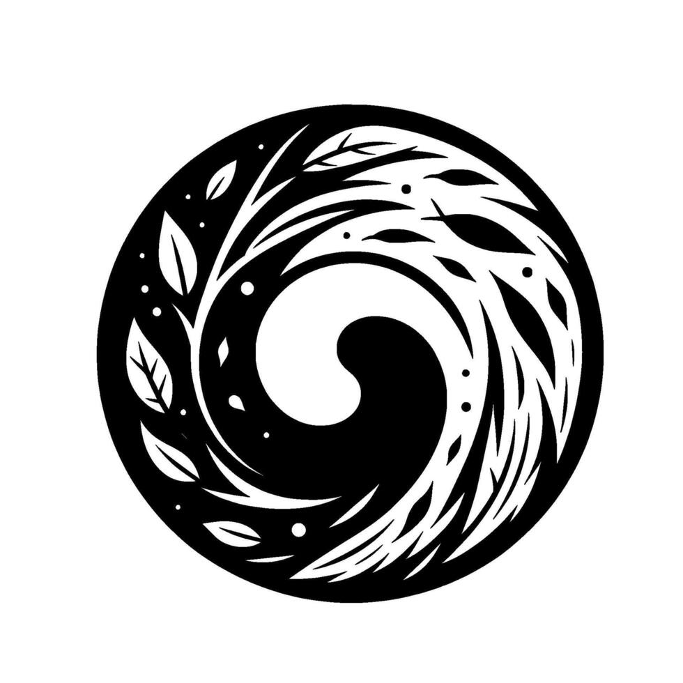 An elegant black and white circular featuring a stylized swirling vortex entwined with organic elements like leaves and branches, evoking a sense of balance and harmony. vector