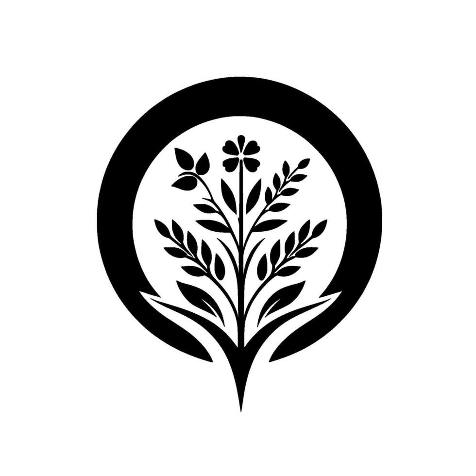 Elegant black and white floral emblem A stylized, symmetrical featuring a central floral arrangement within a circular frame, evoking a sense of nature and simplicity. vector