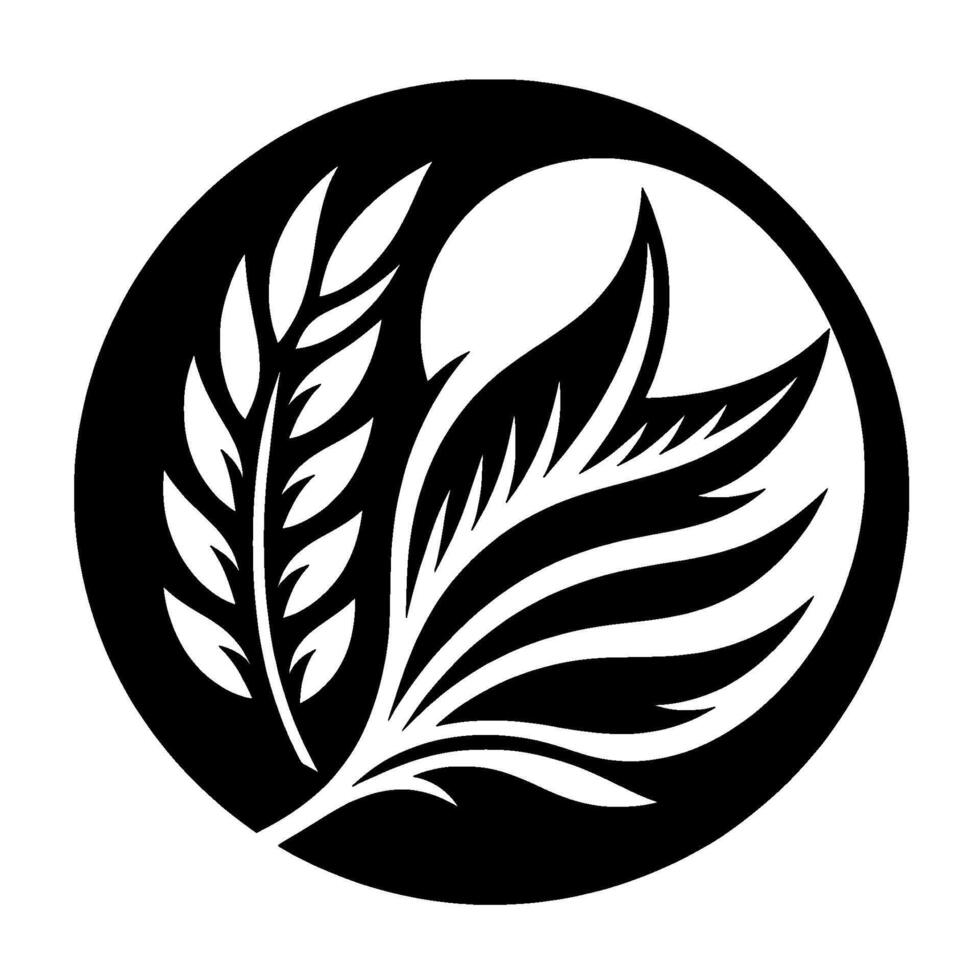 Monochromatic botanical illustration featuring stylized leaves and foliage arranged within a circular black frame, evoking harmony and nature. vector