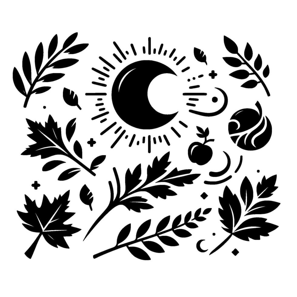 Minimalist Celestial and Botanical Illustration Black and White Elements Depicting Moon, Leaves, Sunburst, and Apple. vector