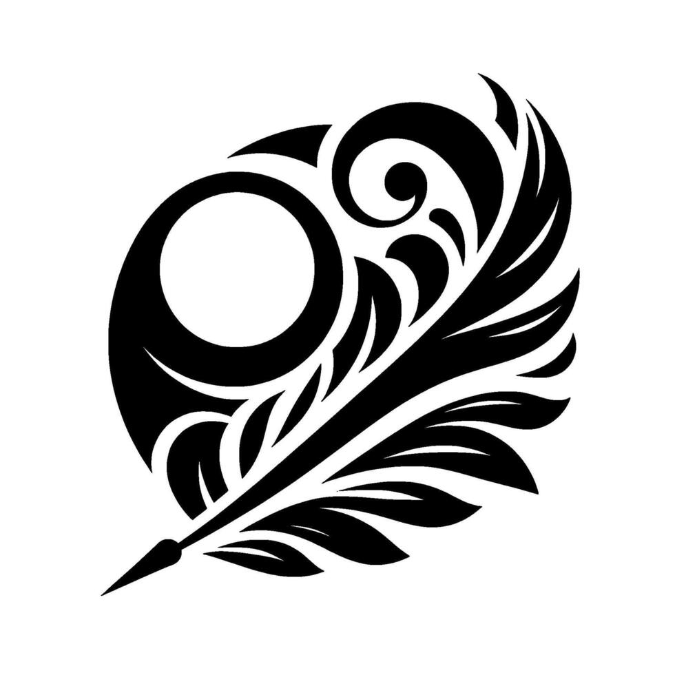 A stylized, black and white illustration featuring an ornamental feather incorporated with abstract shapes, including circles and curved lines, creating a unique . vector