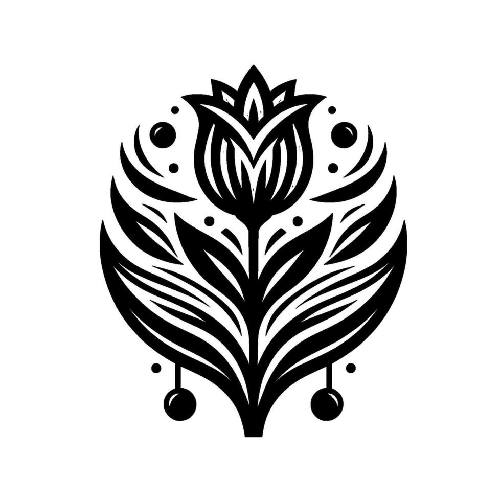 Ornate monochrome floral illustration featuring a stylized tulip, symmetrical with leaves, tendrils, and ornamental details, rendered on a clean white backdrop. vector