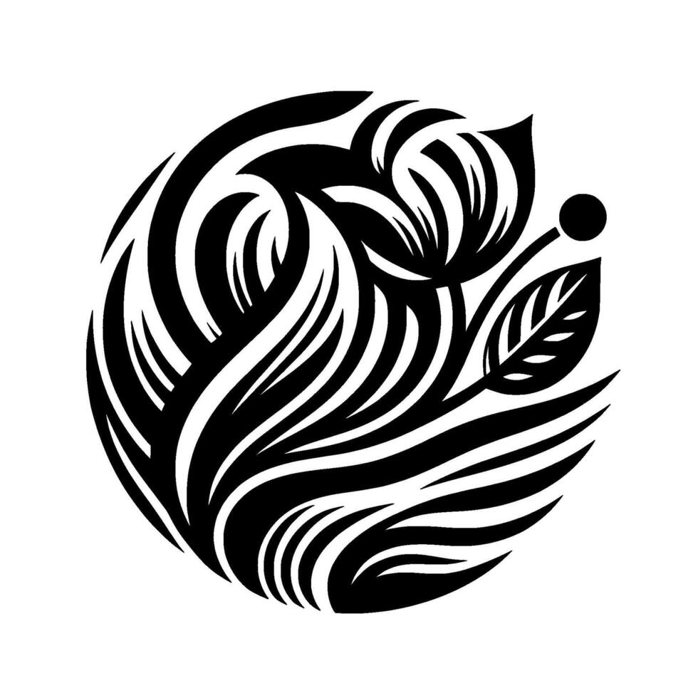 Intricate Black and White Floral , A Stylized Composition of Petals, Leaves, and Swirls, Set in a Circular Arrangement Against a Clean White Background. vector