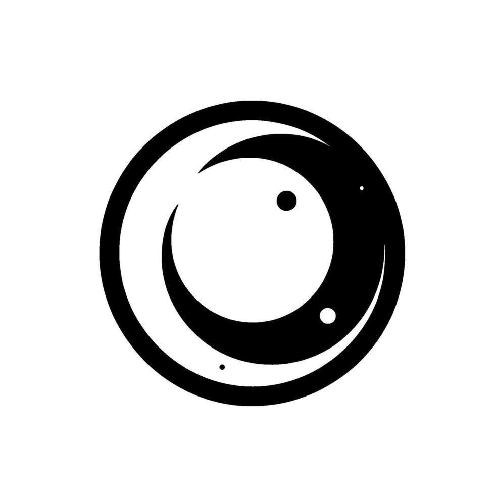 A stylized, black and white circular featuring a crescent moon shape intersecting with a smaller circle, dotted by three contrasting white specks. vector
