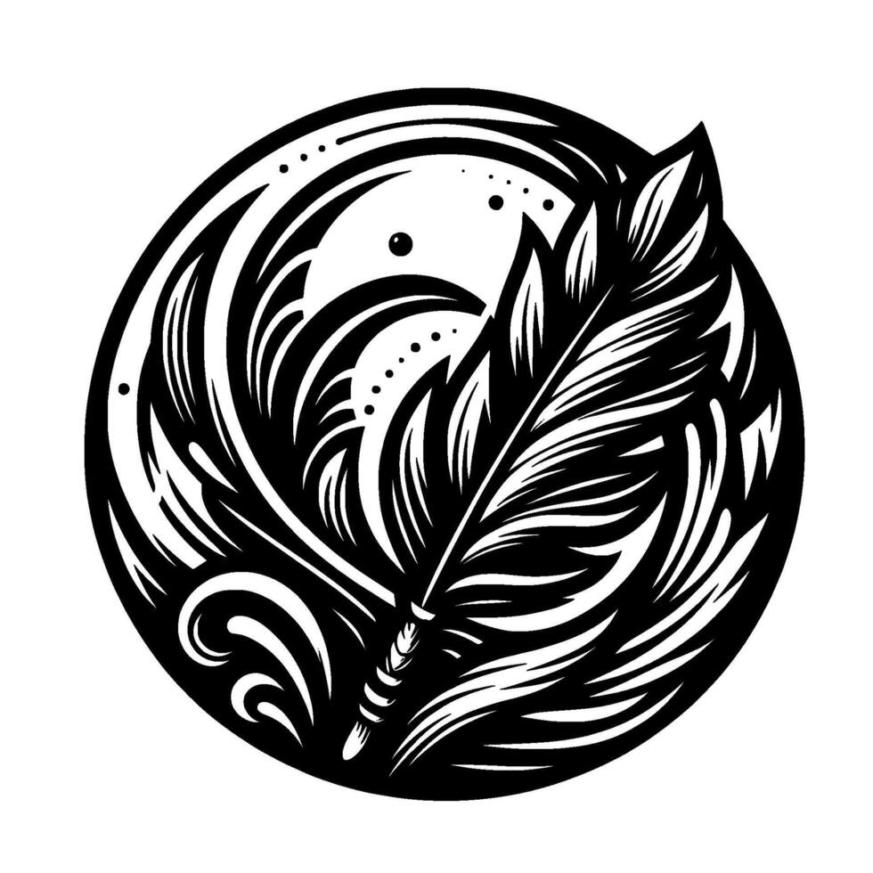 Intricate Black and White Illustration of a Feather Encompassed by Swirling Lines and Organic Forms, Forming a Circular Composition. vector