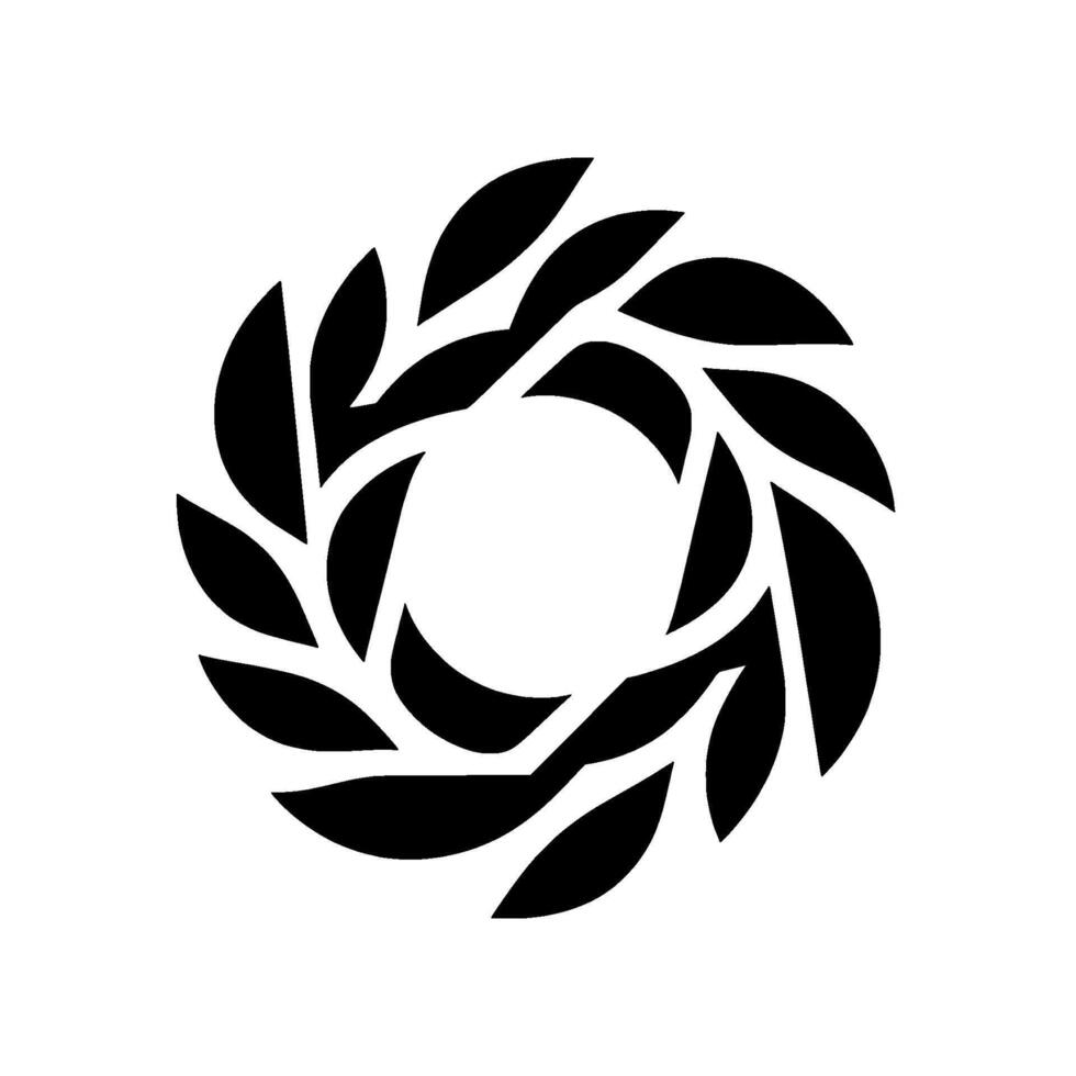 A symmetrical black and white featuring a wreathlike arrangement of stylized leaf shapes, encircling a blank central space against a clean white background. vector