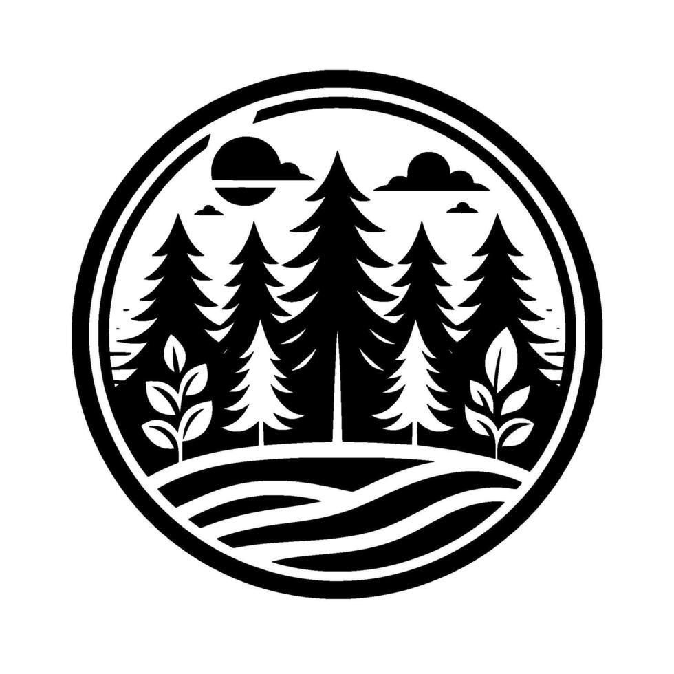 Monochrome circular emblem depicts a serene landscape with silhouetted trees, rolling hills, clouds, and a stylized sun, evoking a sense of nature and tranquility. vector