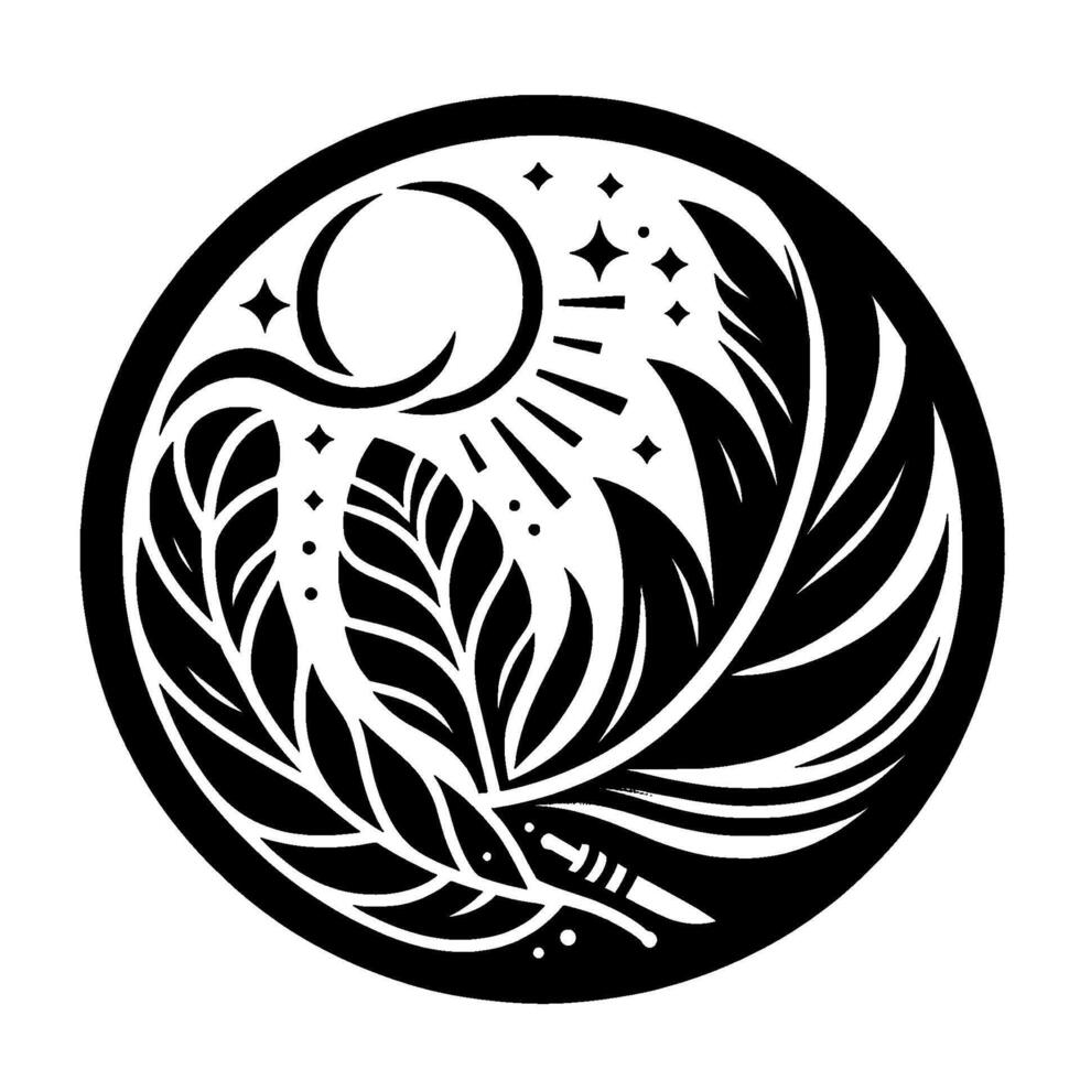 Intricate black and white circular featuring a crescent moon, radiating sun, stylized feathers, and stars, creating a balanced and ethereal composition. vector