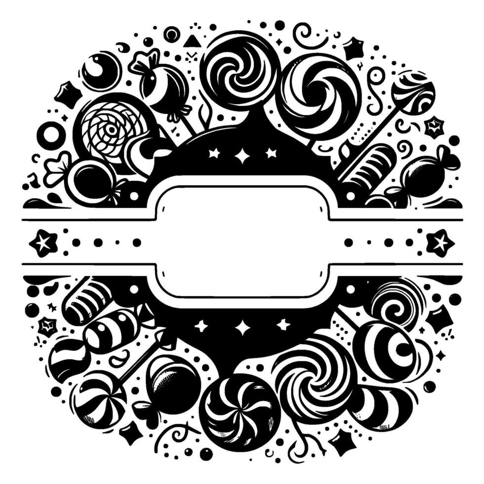 Whimsical Black and White Candy Medley A Circular Illustration with Customizable Center Space. vector