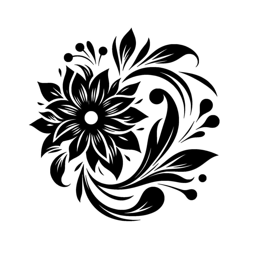 Intricate Black and White Floral Motif with Detailed Petals, Swirls, and Leafy Accents on a Clean White Background, Offering a Timeless Elegant . vector