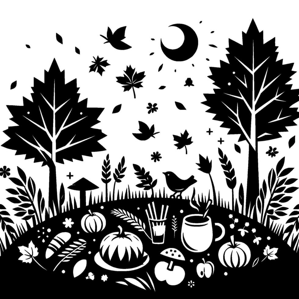 A black and white whimsical illustration of an autumnal scene, featuring trees, pumpkins, leaves, a bird, and a moon, with a minimalist . vector