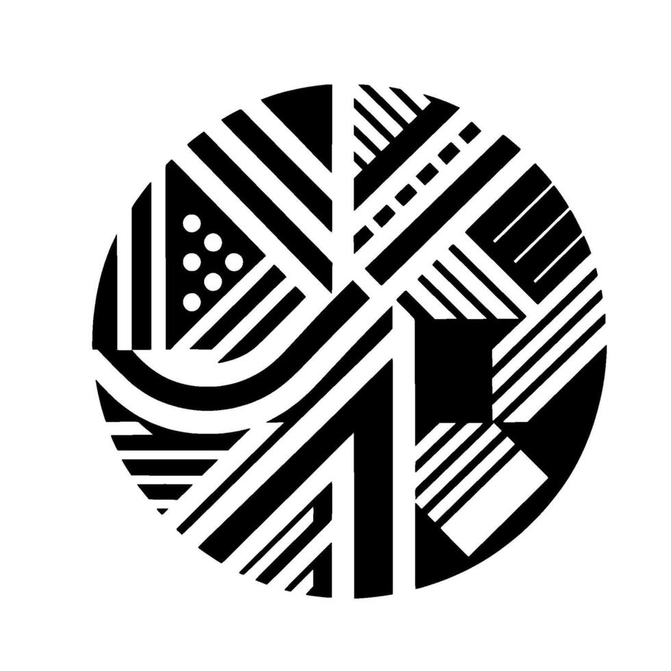 Abstract Geometric Composition A Circular, Symmetrical of Interwoven Black and White Shapes, Featuring Lines, Dots, and Curves. vector