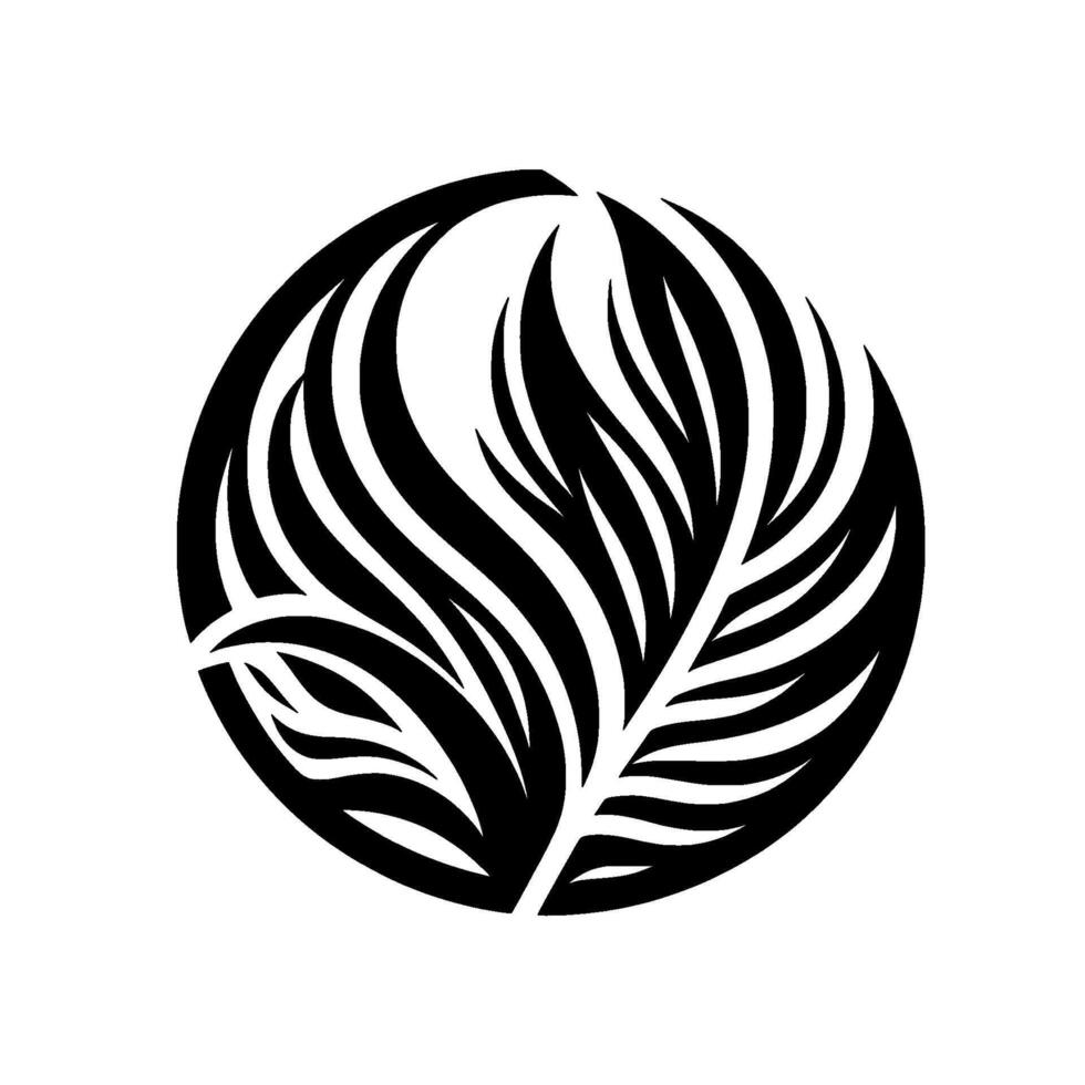 A minimalist black and white featuring stylized fern leaves arranged within a circular frame, evoking natural elegance. vector