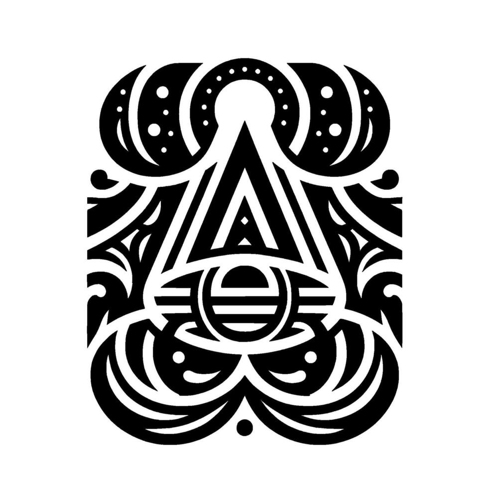 Ornate, geometric black and white illustration featuring an eye within a triangle, surrounded by organic, stylized patterns and shapes, with a celestial, dotted halo. vector