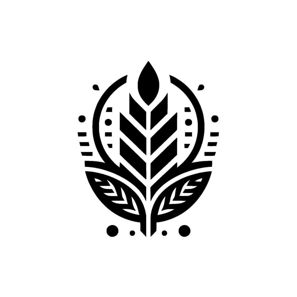 Minimalist Black and White Emblem Stylized Wheat Stalk Inside a Circle, Decorative Leaves, Dot Accents, Clean on White Background. vector