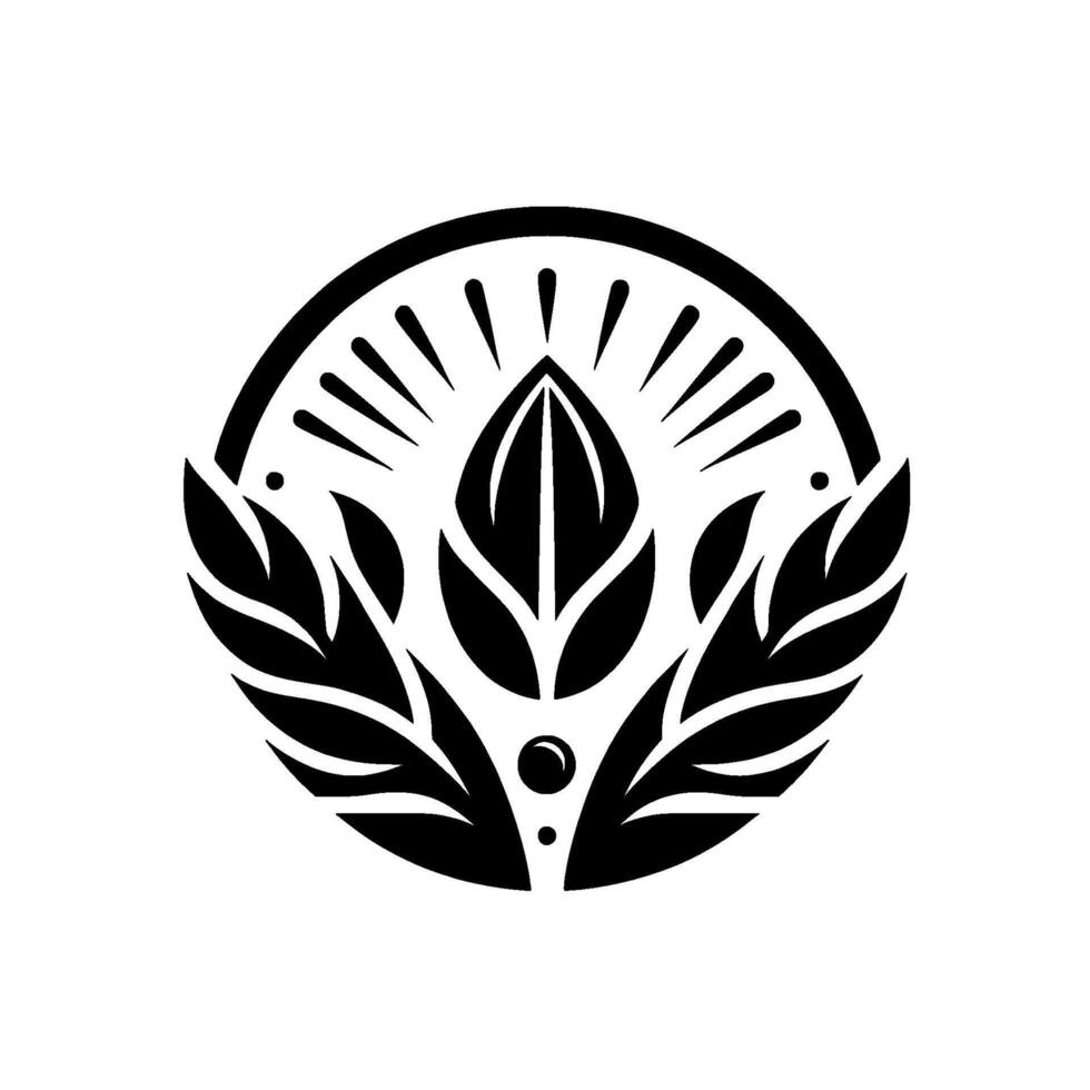 Symmetrical black and white emblem featuring a central stylized leaflike element within a circle, framed by radiating lines and stylized leaves, evoking nature and harmony. vector