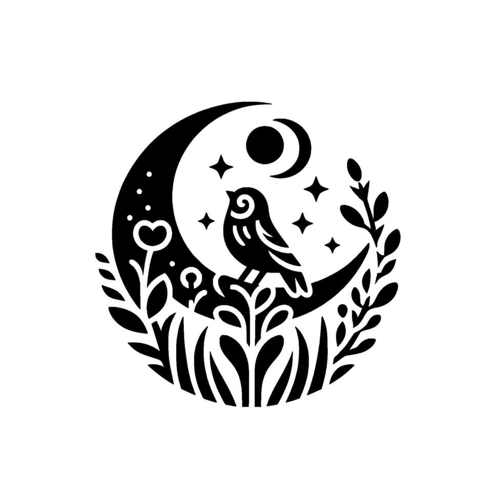 Serene Black and White Illustration A stylized bird perched on a crescent moon, framed by foliage and celestial elements. vector