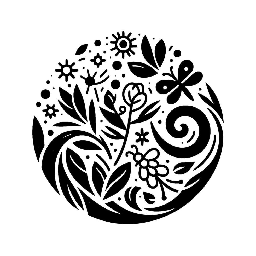 A stylized circular illustration featuring a black and white botanical arrangement of flowers, leaves, a butterfly, a bee, and sunlike shapes. vector