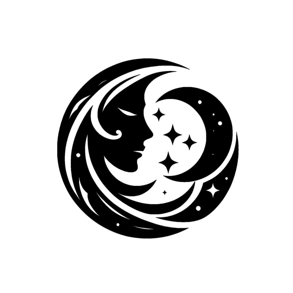 Silhouette of a crescent moon embracing a womans profile with stars in a black and white minimalist . vector