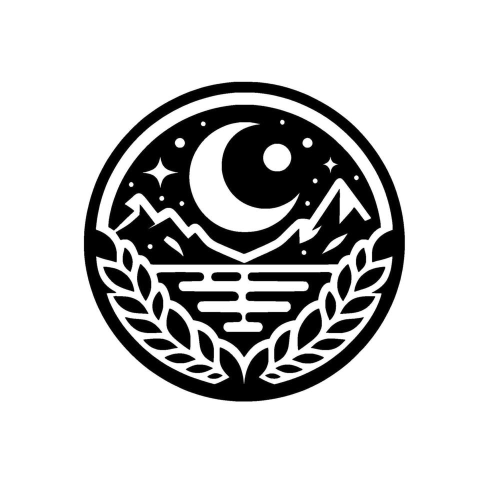 Circular black and white , with a stylized landscape depicting mountains, a crescent moon, stars, water, and laurel, all within a circle. vector