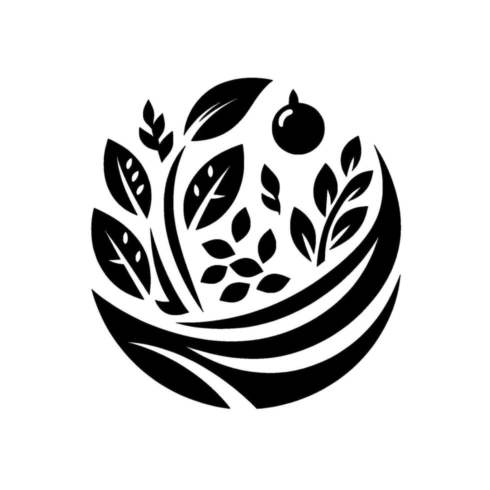 Stylized Circular Emblem Black and White Illustration of Leaves, Berries, and Curved Lines in a Monochromatic, Minimalist . vector
