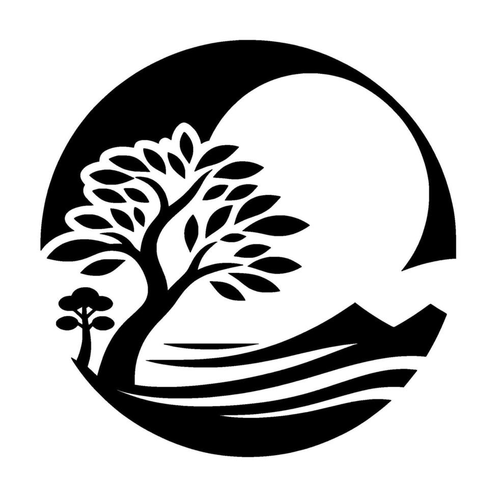 A serene black and white circular landscape illustration featuring a stylized tree with leaves, a small bush, mountain, and moon elements, evoking tranquility. vector