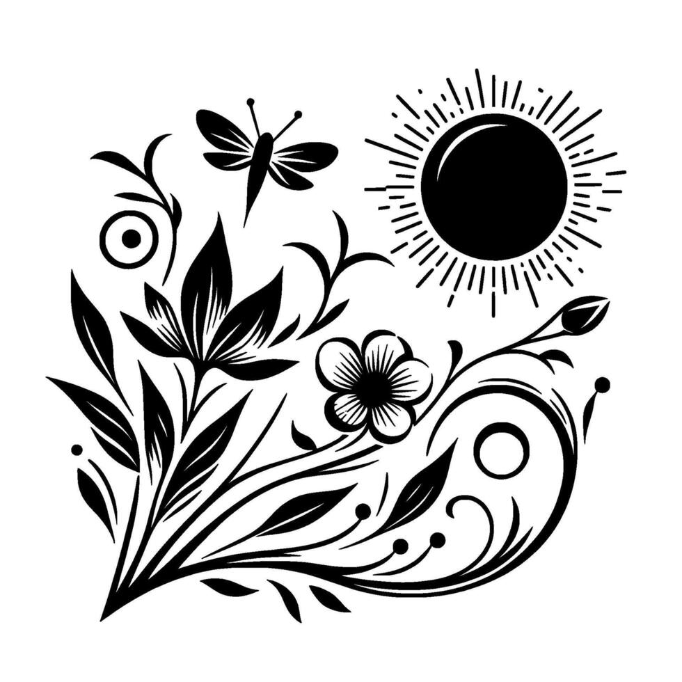 Black and white minimalist floral with stylized sun, dragonfly, and swirling foliage, radiating elegance and nature. vector