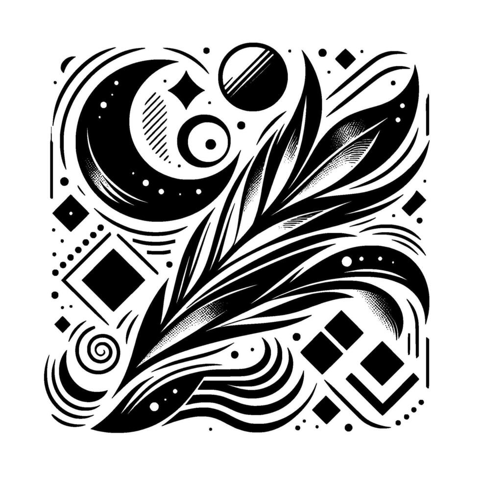 Intricate Black and White Geometric Illustration Featuring a Crescent Moon, Feather, Celestial Elements, and Decorative Lines within a Square Composition. vector